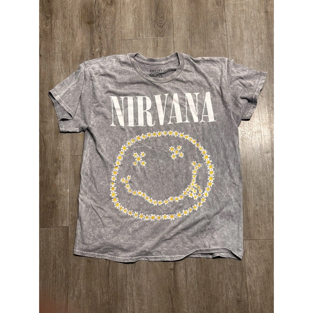 Nirvana Daisy Smiley Face T-Shirt Men's Large Gray Graphic Band Tee